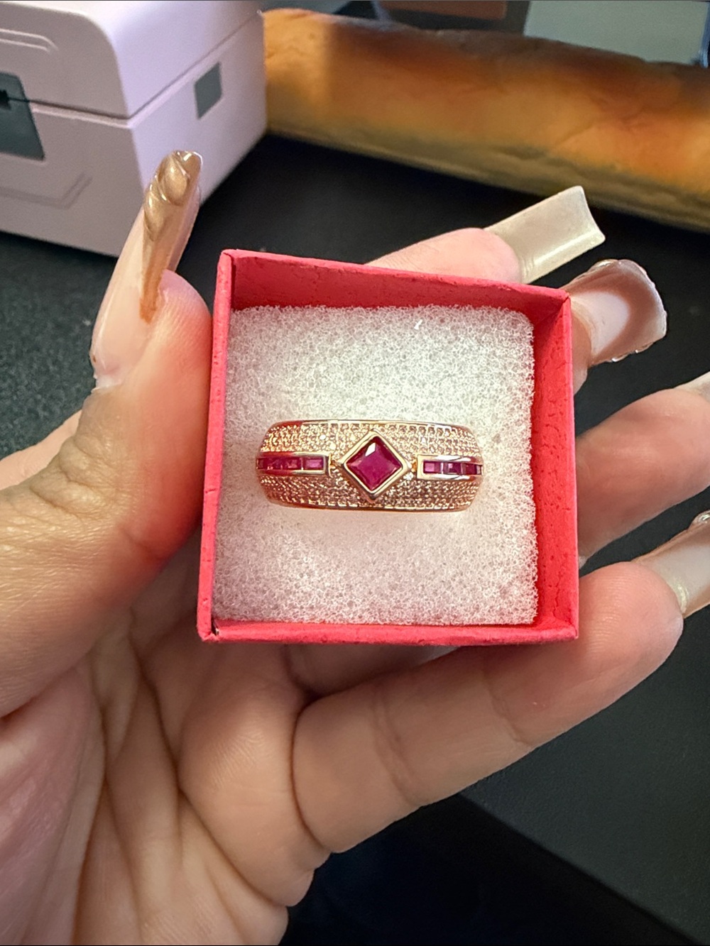 July Birthday Rose Gold Ringwith Ruby Gemstone Accents size 10